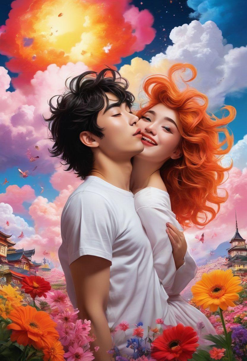 A dynamic and colorful collage showcasing manga characters engaging in playful, risqué comedy scenarios, set against a vibrant backdrop filled with whimsical elements. Include exaggerated facial expressions and playful poses that evoke humor and allure. The scene should blend steamy romance with comical situations, highlighting the charm and excitement of provocative entertainment. super-realistic. vibrant colors. digital art.